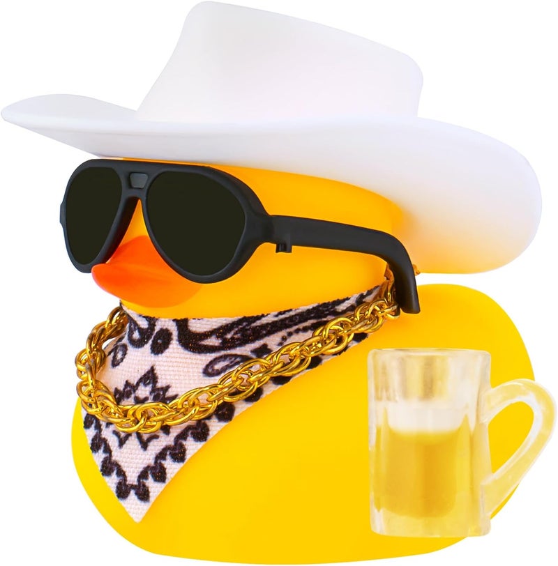 wonuu Rubber Duck Car Ornaments Funny Office Gifts Dashboard Decorations for Cool car Accessories with Cowboy Hat, White - Image 1